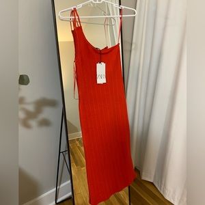 Red Knit Zara One Shoulder Midi Dress